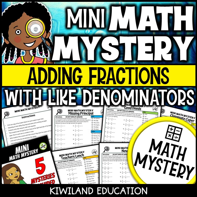 Adding fractions with like denominators math mystery worksheets cover