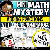 Adding fractions with like denominators math mystery worksheets cover