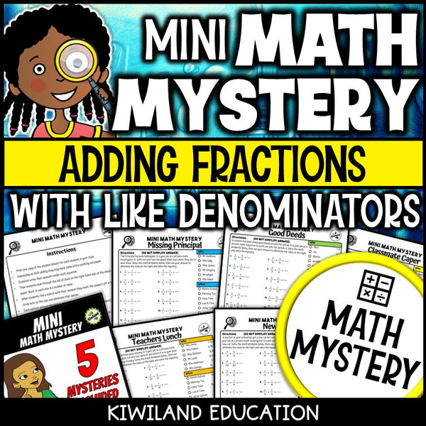 Adding fractions with like denominators math mystery worksheets cover