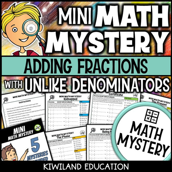 Adding fractions with unlike denominators math mystery worksheets cover