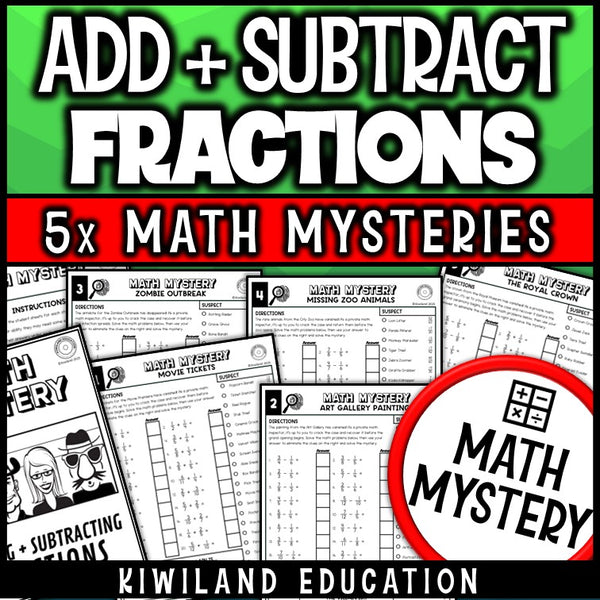 Adding and subtracting fractions with unlike denominators math mystery worksheets cover