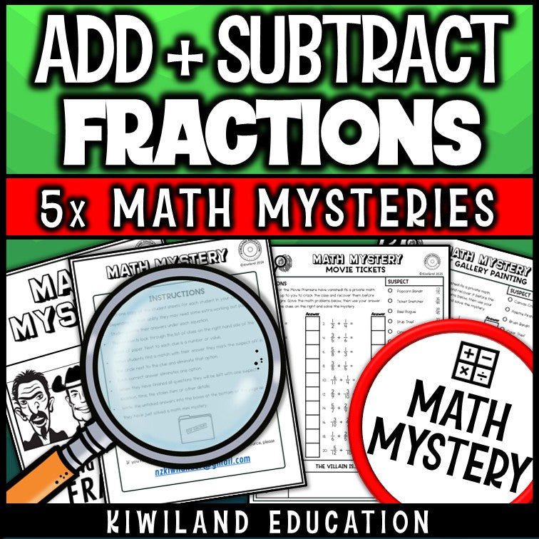 Adding and subtracting fractions math mystery worksheet sample pages