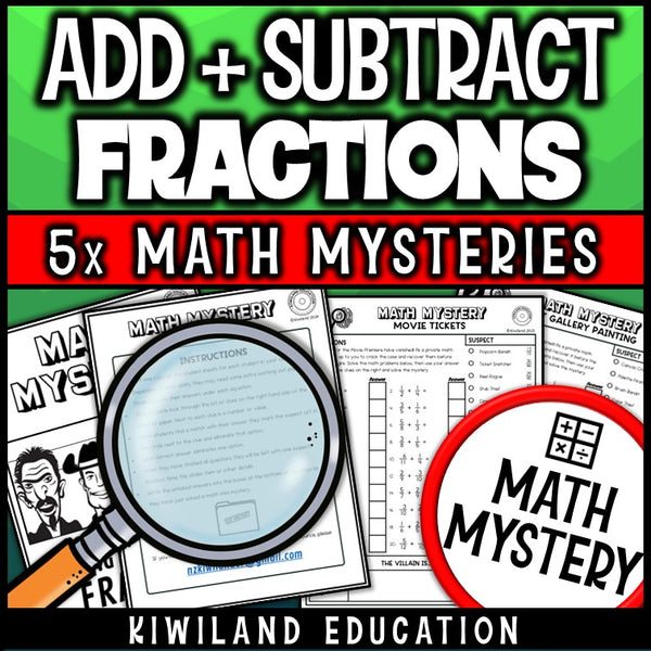 Adding and subtracting fractions math mystery worksheet sample pages