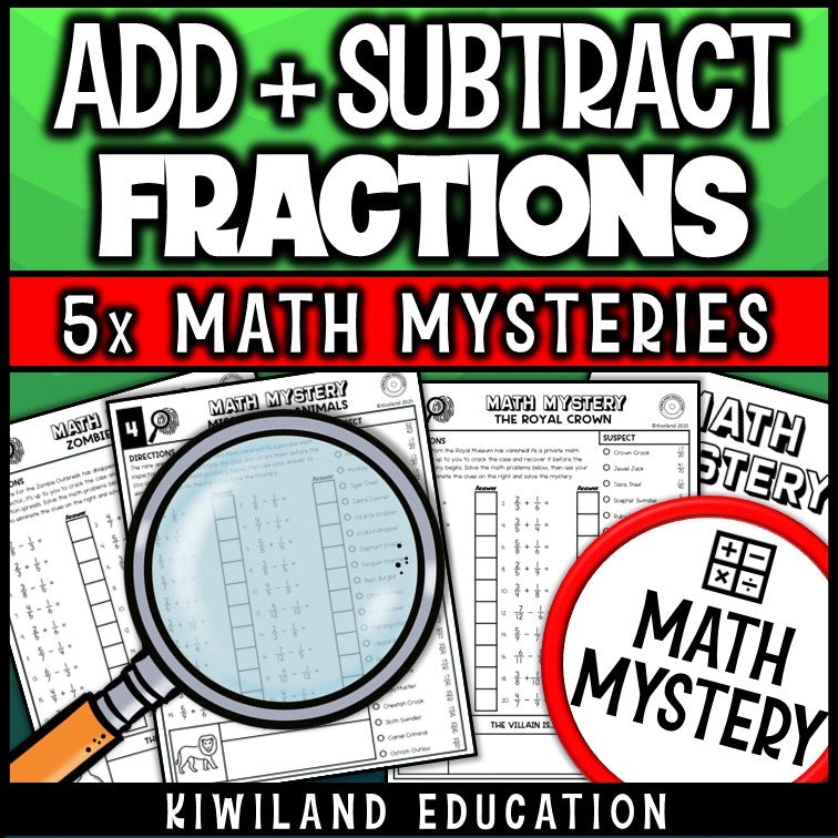 Adding and subtracting fractions with unlike denominators detective math mystery activity