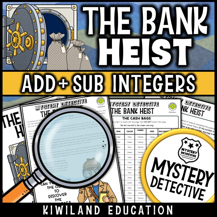 Adding subtracting integers detective activity suspect chart story no-prep printable bank heist
