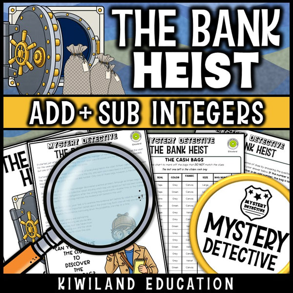 Adding subtracting integers detective activity suspect chart story no-prep printable bank heist