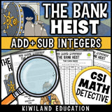 Adding and subtracting integers detective activity with suspect chart and story, no-prep printable