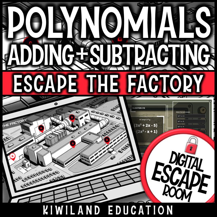 Adding and subtracting polynomials digital escape room cover, grades 6–12 algebra
