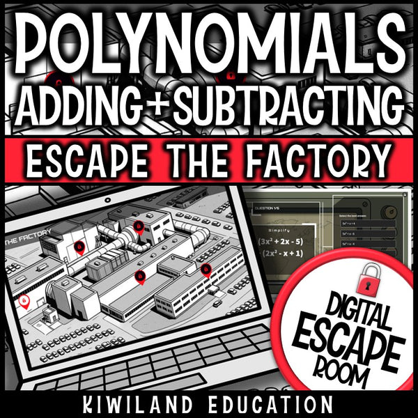 Adding and subtracting polynomials digital escape room cover, grades 6–12 algebra