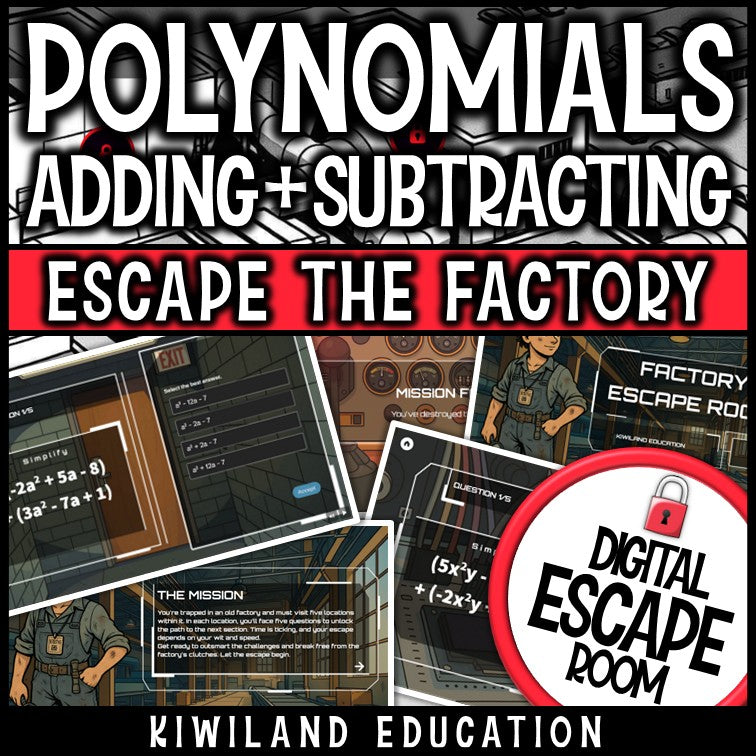 Factory-themed polynomials algebra escape room puzzle screen