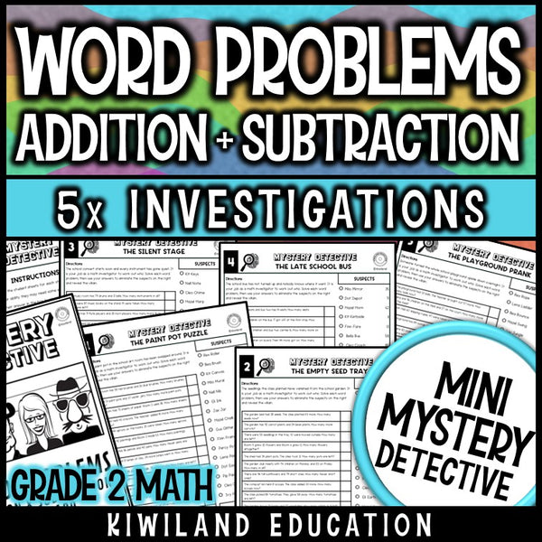 Addition and subtraction word problems 2nd grade mystery detective worksheets