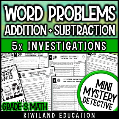 Addition and subtraction word problems within 1000 mystery detective grade 3