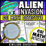 Addition and subtraction clue worksheet pages - Alien Invasion math mystery, Grade 2