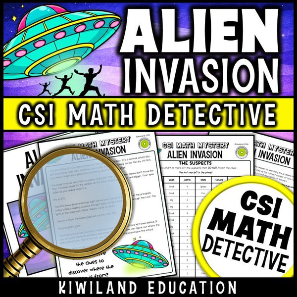 Addition and subtraction clue worksheet pages - Alien Invasion math mystery, Grade 2