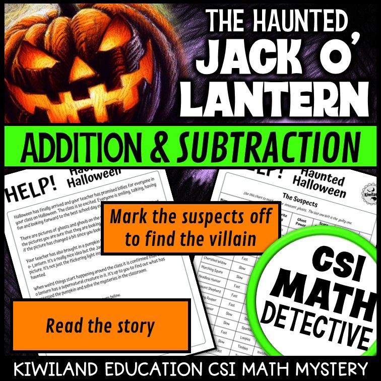 Addition and subtraction clue worksheet pages - Haunted Halloween math mystery