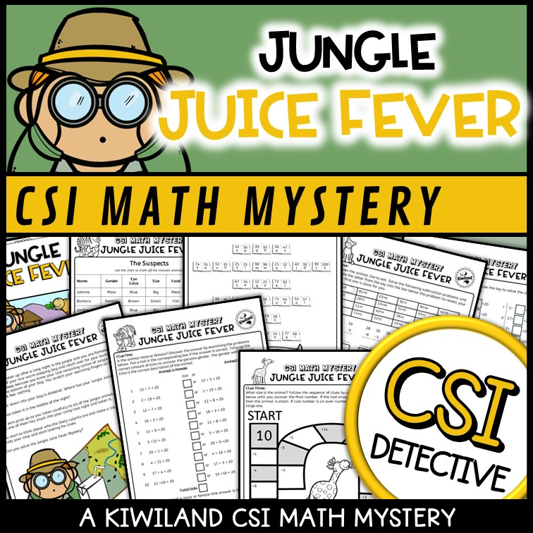 Addition and subtraction clue worksheet pages - Jungle Juice Fever math mystery