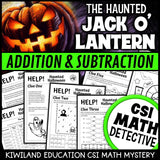 Addition and subtraction CSI Math Mystery cover - Haunted Jack O' Lantern, Grades 3-5 printable PDF