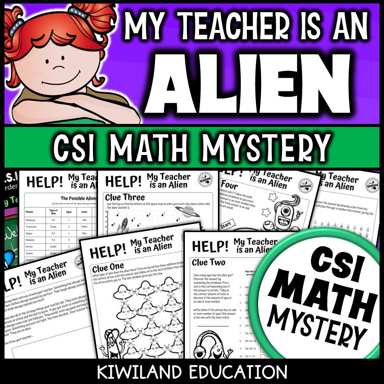 Addition and subtraction CSI Math Mystery cover - My Teacher is an Alien, back to school, Grades 2-5