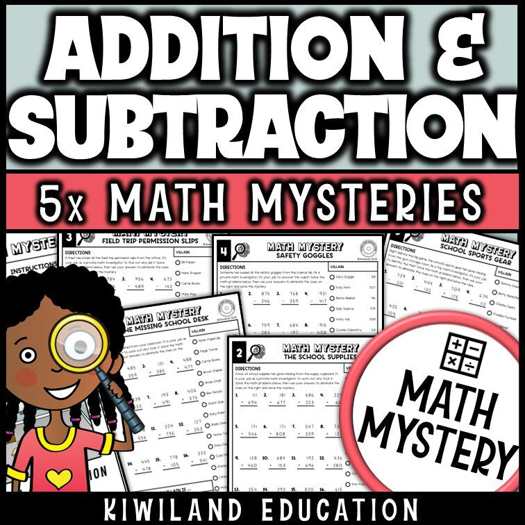 Addition and subtraction within 1000 back-to-school Math Mystery worksheets, detective cover grades 2-4