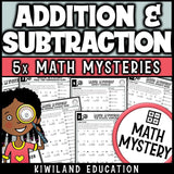 Addition and subtraction within 1000 back-to-school Math Mystery worksheets, detective cover grades 2-4