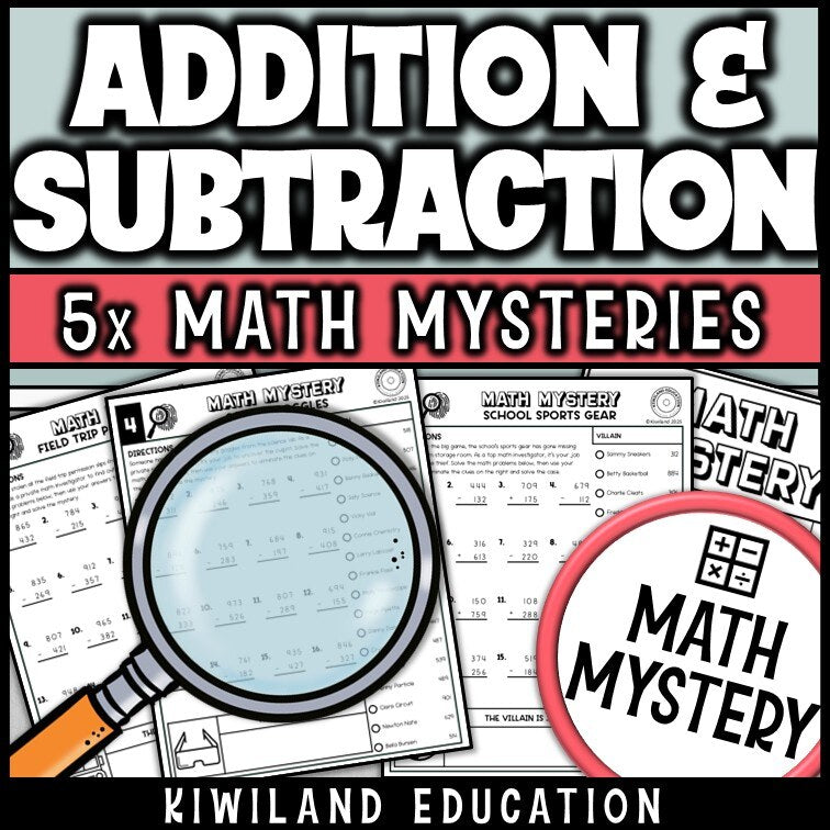 Suspect line-up page for addition and subtraction within 1000, school detective mystery