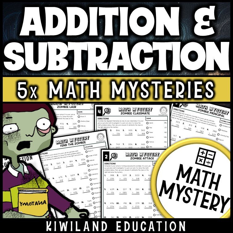 Addition and subtraction within 1000 zombie Math Mystery worksheets, detective cover grades 2-4