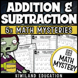 Addition and subtraction within 1000 zombie Math Mystery worksheets, detective cover grades 2-4