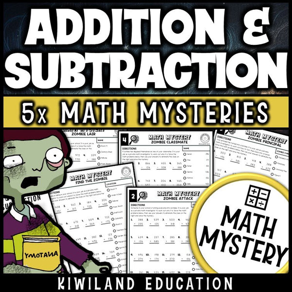 Addition and subtraction within 1000 zombie Math Mystery worksheets, detective cover grades 2-4