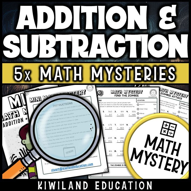 Sample addition and subtraction within 1000 worksheet, the Find the Zombie case