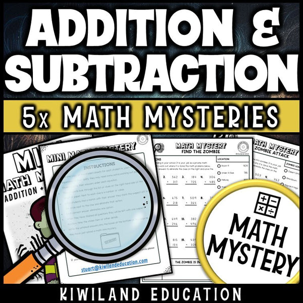 Sample addition and subtraction within 1000 worksheet, the Find the Zombie case