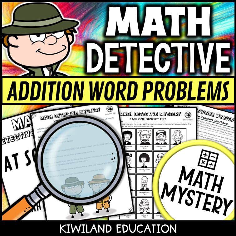 Addition word problems within 100 detective cases and suspect line-up grades 2-4 - self-checking back to school math activity