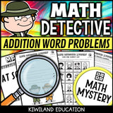Addition word problems within 100 detective cases and suspect line-up grades 2-4 - self-checking back to school math activity