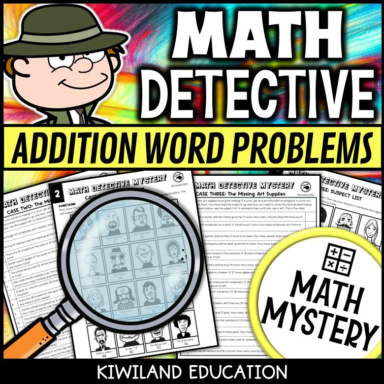 Back to School Math Detective Mystery addition word problems sample worksheets and answer keys - printable math centers morning work
