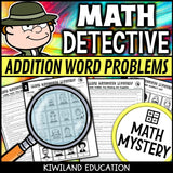 Back to School Math Detective Mystery addition word problems sample worksheets and answer keys - printable math centers morning work
