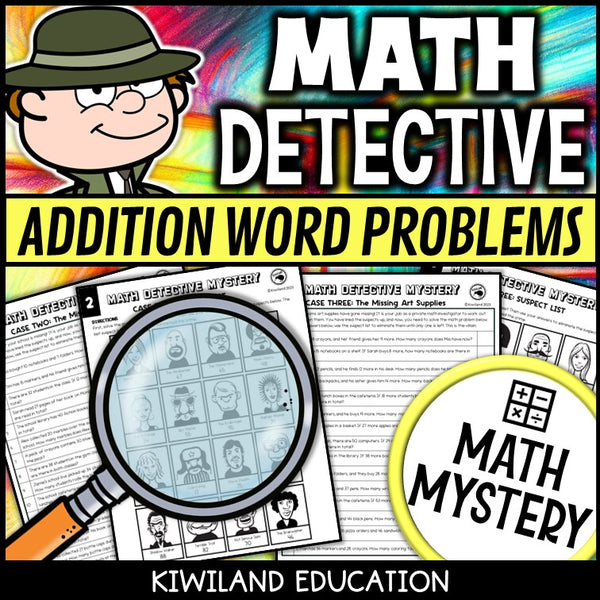 Back to School Math Detective Mystery addition word problems sample worksheets and answer keys - printable math centers morning work