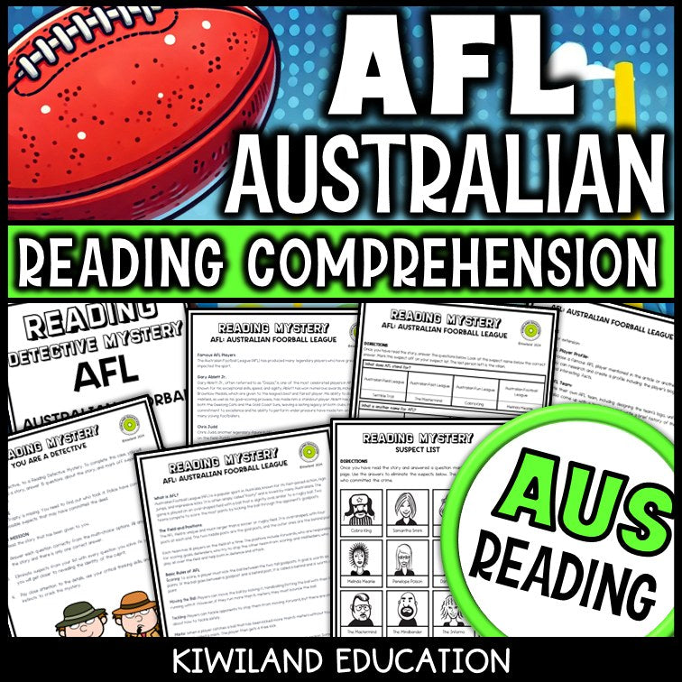 AFL football reading mystery comprehension activity cover for grades 3-6