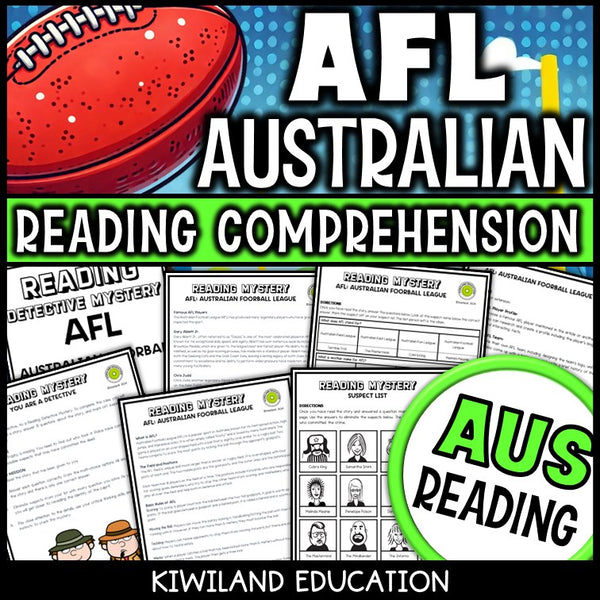 AFL football reading mystery comprehension activity cover for grades 3-6