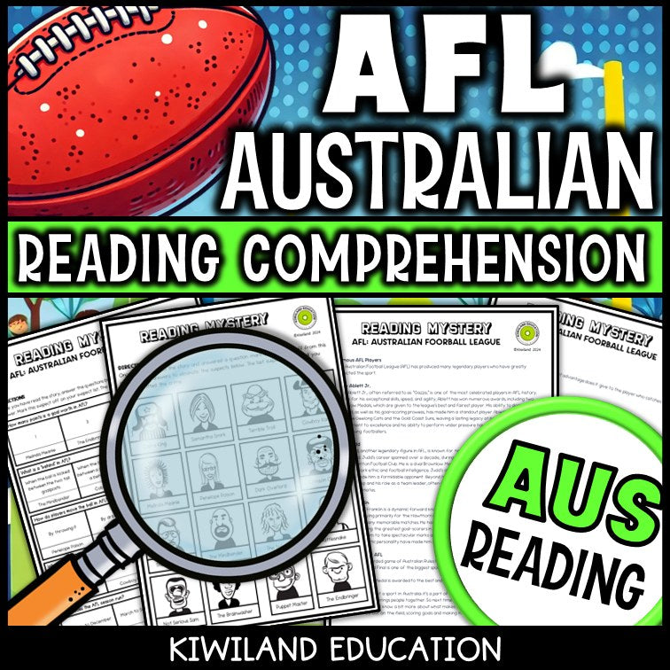 AFL football reading mystery comprehension questions worksheet with suspect line-up