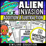 Alien invasion CSI mystery detective addition subtraction grades 2-3