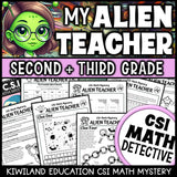 Alien Teacher addition, subtraction and times tables CSI Math Mystery cover for grades 2 to 5