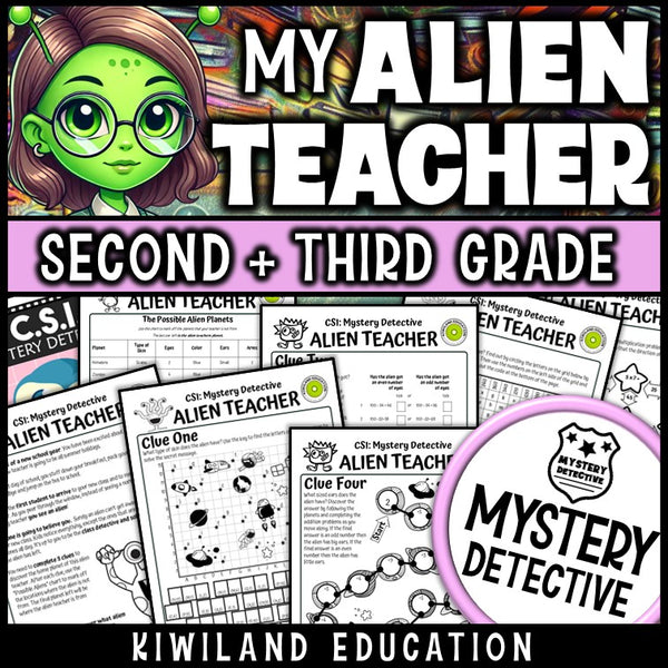 Alien teacher addition subtraction times tables mystery detective grades 2-5 cover
