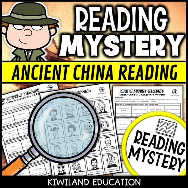 Ancient China reading mystery comprehension questions worksheet with suspect line-up