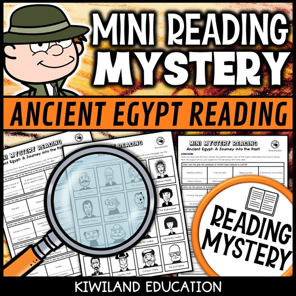Ancient Egypt reading mystery comprehension questions worksheet with suspect line-up