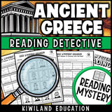 Ancient Greece reading mystery comprehension questions worksheet with suspect line-up