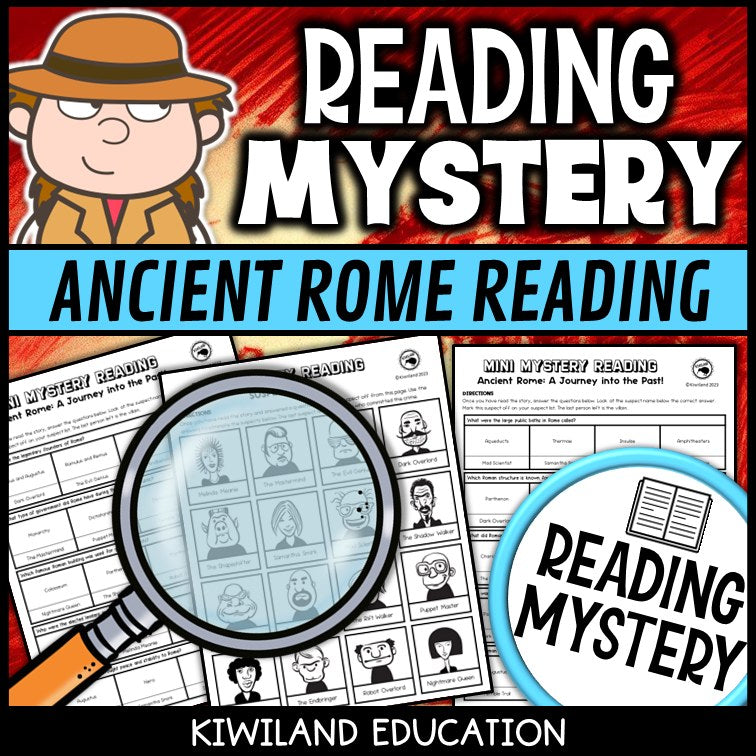 Ancient Rome reading mystery comprehension questions worksheet with suspect line-up