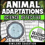 Animal adaptations reading mystery comprehension questions worksheet with suspect line-up