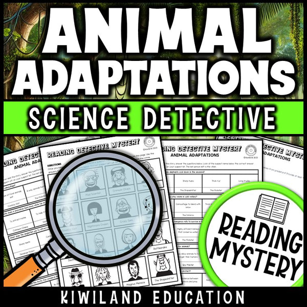 Animal adaptations reading mystery comprehension questions worksheet with suspect line-up