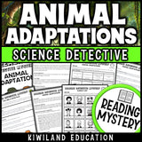 Animal adaptations reading mystery comprehension activity cover for grades 3-6