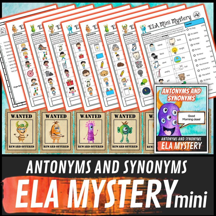Eight differentiated antonym and synonym mystery worksheets with monster suspect line-up