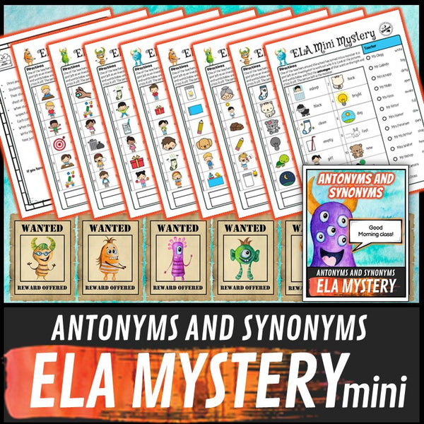 Eight differentiated antonym and synonym mystery worksheets with monster suspect line-up